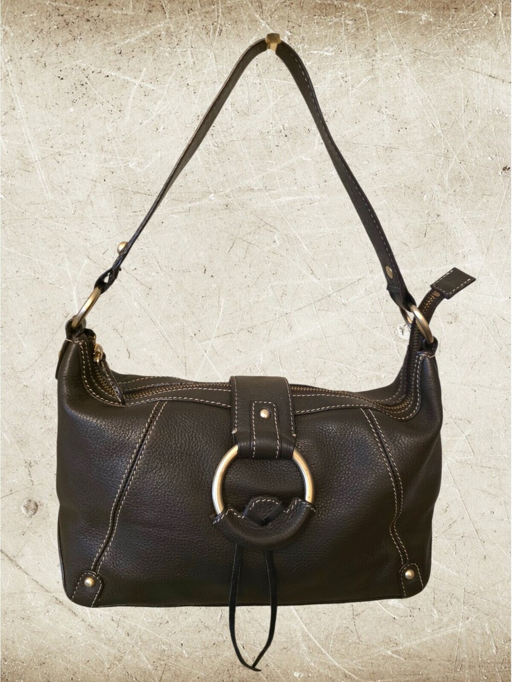 Jones New York Chocolate Brown Leather Shoulder Bag with Gold Ring Accent